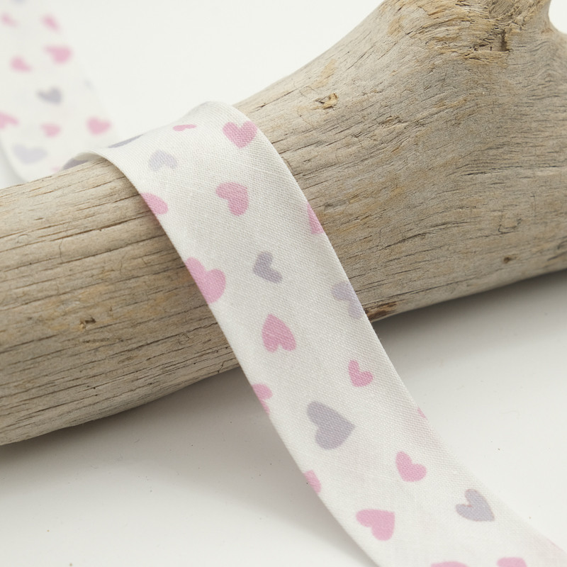 25mm Printed Biais Tape with Pink and White Hearts - Maison Klem